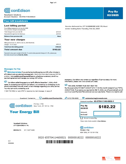 USA New York Conedison business utility bill Word and PDF template, version 2 PSD template